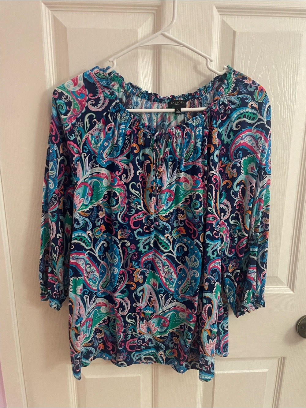 Talbots Multicolor Paisley Peasant Top - Navy, Teal, Pink